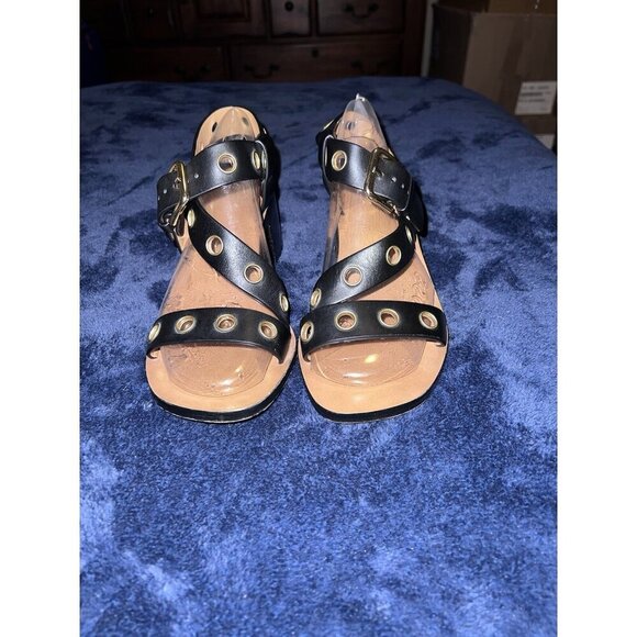 CELINE PARIS Black Leather Studded Straps Block Heel Sandals Sz 38